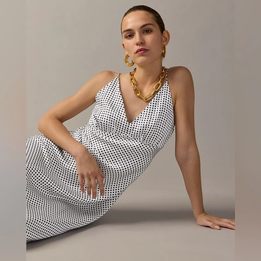 J.Crew Collection full-length luster crepe V-neck slip dress dot print BU220